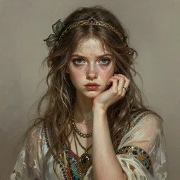 portrait of an elegantly dressed hipster girl, dreamy and ethereal, expressive pose, extremely dark circles around eyes, irritated expression, bohemian fashion, artsy, intricate, elegant, highly detailed, digital painting, artstation, concept art, smooth, sharp focus, illustration, art by artgerm and greg rutkowski and alphonse mucha
