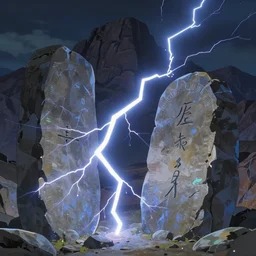 a beautiful ultradetailed anime illustration of close up on lightning striking two ancient stone tablets, Mt. Sinai background, nighttime, spiritual, miraculous by makoto shinkai, anime wallpaper 4k, prismatic