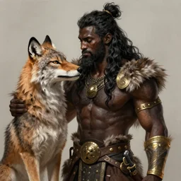highly detailed digital painting, black male anthro - lynx, human with head of lynx, viking hair, with long thick wavy hair like fabio, facial scar, hairy masculine gigachad, muscular, wearing kilt and gold armbands, fur texture, as space viking, classic science fiction, trending on artstation, romance novel,