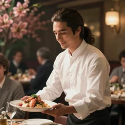 wholesome portrait of an attractive male waiter ( with very long dark hair tied in a ponytail ) delivering a plate of delicious food, blurry background of a busy restaurant, bloom, dramatic lighting, in the style of studio ghibli, j. c. leyendecker, greg rutkowski, artgerm