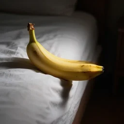 banana at the edge of the bed, dark background, rimlit