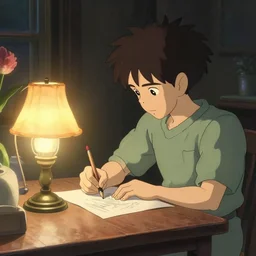 a wholesome animation key shot of sits at the table in the evening and draws a brush, an old lamp with a lampshade on the table glows with bright light, hipster vibes by studio ghibli, animation, sharp, rendered in unreal engine 5, focused, anime key art by greg rutkowski, bloom, dramatic lighting