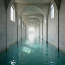 video tape footage of a liminal concrete pathway, straight concrete walls, arcs, indoors, bright windows, perspective, stretching to infinity, flooded with clear pool water, rays of sunlight, hazy, very detailed, realistic