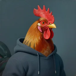 a portrait of a robotic rooster wearing a hoodie, a highly detailed edward hopper painting, by adrian ghenie and gerhard richter. art by james gurney. masterpiece, flat surreal design with deep colours. 8 k. artstation