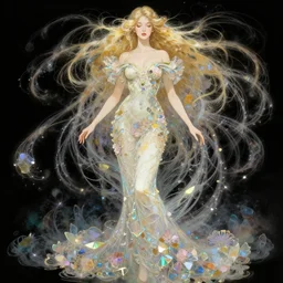 fullbody artwork of a goddess of dreams, wearing a long and tight flowery dress, intricate, prism, flowey, wispy, wide hips, attractive character, intangiable, dreamy, Character concept by yoshitaka amano, herbert arnould olivier, alphonse mucha, Akihiko Yoshida, Hyung-tae Kim, alexander mcqueen, trending on Artstation