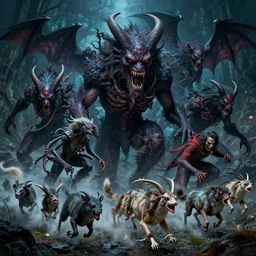 the nightmare beasts on the hunt and the prey on the run, detailed, intricate, vibrant, stability ai, andreas franke, lisa frank, chesley bonestell, h r giger, ren hang, rolf armstrong, cool lighting