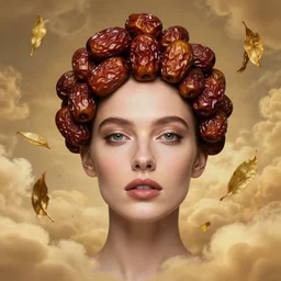 epic portrait of beautiful female face supermodel portrait wearing dried dates on head crown, golden tea leaves flying in sky by amy leibowitz, wlop, jeremy lipkin, beeple, intricate, artgerm, ilya kuvshinov, golden clouds background