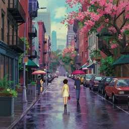 a film still of a street scene on a rainy but colourful day in new york. wide shot, wes anderson, studio ghibli, pixar and disney animation, sharp, rendered in unreal engine 5, anime key art by greg rutkowski, bloom, dramatic lighting