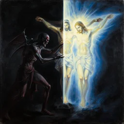 black background. evil and badness attack christ from one side, but from christ's other side emerges light and life. like a prism with light passing through it. contrast of evil and good | painting by craig mullins. epic, symbolic mural