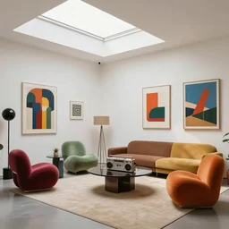 retro futuristic apartment, 1 9 7 0 s hi fi system, funky furniture, modern art, high end, chic, skylights, minimalism, loft style, interior design magazine