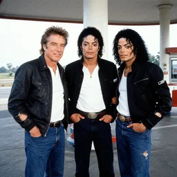 photoshoot of marlon brando, michael jackson and old elizabeth taylor together at a freeway rest stop in the style of annie leibovitz