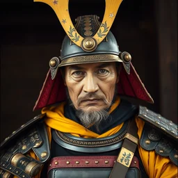portrait old samurai hero with armor, leica, by photographer man ray, vibraant yellow colors,