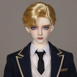 anexquisite cool bjd doll of a handsome prince, gold hair and blue eyes, hyper realistic, render by maya and octane