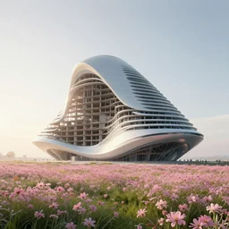 unfinished building by pierre de meuron, futuristic at dawn myst flowers sunlight alien synthwave meadow sunset nature reclaimed by nature cyberpunk at dusk, archdaily, wallpaper, highly detailed, trending on artstation.