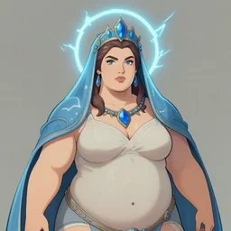 portrait of mighty plump female sorceress, blue tiara and veil, lightning halo, strong line, muted color, beautiful! coherent! by brom