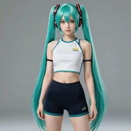 hatsune miku wearing crop gym top, crop yoga short, Advertising photography by Mario Testino, masterwork, cgstudio