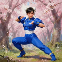 chun li working out in a cherry blossom forest, wearing blue bodysuit, highly detailed painting by gaston bussiere, craig mullins, j. c. leyendecker 8 k