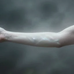 out of focus photorealistic, closeup of single pale horizontal arm by sarah moon, very blurry, translucent white skin, foggy