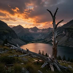 beautiful very old photo of a landscape of mountains with lake and a dead tree in the foreground by marc adamus, sunset, dramatic sky, 1 9 2 0, cinematic colors, flickr, canon 5 dsr