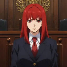 painting by shigenori soejima, lawyer girl, cinematic lighting, red hair, bangs, courtroom, intricate background