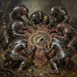 oil painting of disgusting varied filthy rugated armored inachidae scrabbling creatures clawing chaos in shredded metal brass by vincente b ballestar, by francesco blanc, high resolution, hyper detailed, intricate details, unreal engine render, cinematic, panorama,