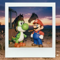 hyper realistic polaroid of Mario with a cigar, standing next to a horse stall brushing Yoshi, sunset in background, dusty, tumble weed, desert, ominous