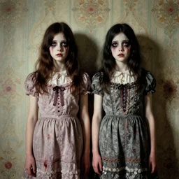 a beautiful and eerie baroque painting of two beautiful but creepy siblings wearing vivienne westwood dresses in layers of fear, with haunted eyes and dark hair, 1 9 7 0 s, seventies, wallpaper, a little blood, morning light showing injuries, delicate embellishments, painterly, offset printing technique, by brom, robert henri, walter popp