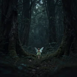 A tiny fairy princess, in a dark forest, macro, cool tones, underexposed, overecast, mysterious matte painting by greg rutkowski and marc simonetti and Ivan Shishkin, 4k