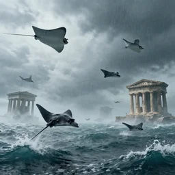 a group of stingrays flying in the sky in a rough sea, sea of thieves style, greek temples flying, unreal engine, cinematic, waves, fog, clouds, rain