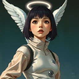 clothed in plug suit. lain iwakura, rei ayanami, ico yorda plug suit, female anime character, realistic detailed painting of a 1 6 - year old girl who resembles millie bobby brown, as an angel, by boris vallejo, frank frazetta.