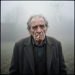 photographic portrait of wrinkly sad max ernst with spiraling cigarette smoke, in fog, medium long shot