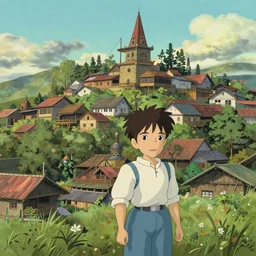 a bright, cute ghibli painting of a ecuatorian town, beautiful lighting, in the style of studio ghibli, artwork by Hayao Miyazaki and Isao Takahata, highly detailed, 8K, smooth, cinematic, vibrant colors, trending on artstation, japanese animation, stunning artistry and soaring imagination