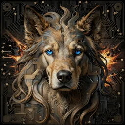 dog as a god with flowing hair and blue eyes, very detailed face, detailed features, fantasy, circuitry, explosion, dramatic, intricate, elegant, highly detailed, digital painting, artstation, concept art, smooth, sharp focus, illustration, art by gustave dore, octane render, mucha,