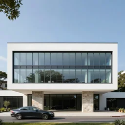 elevated white building with large continuous horizontal windows with black mullions atop two stone piers, villa savoie, farnsworth house, modern, cars driving underneath
