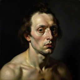 refined gorgeous masterwork oil painting with black background by christian rex van minnen rachel ruysch dali todd schorr of a chiaroscuro portrait of an extremely bizarre disturbing mutated man with shiny skin acne dutch golden age vanitas intense chiaroscuro cast shadows obscuring features dramatic lighting perfect composition masterpiece