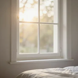 photo of interior design house, detail of a white window in a bedroom, view from bottom, sunday morning, sun, bokeh, flares, yellow light, professional photography, f 1. 2, 5 0 mm