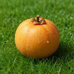 Photograph of otherworldly fruit on grass, vibrant, studio