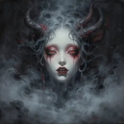 A beautiful detailed aesthetic horror mate painting titled 'Face floating in miasma' description 'A demonic face floating in thick demonic fog' by Takashi Murakami and Takato Yamamoto, Trending on cgsociety artstation, cinematic lighting, 8k, masterpiece.