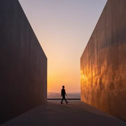 a man walking in the middle of two giant walls at sunset, dreamy, matte painting, fancy lighting, complementary colours, high quality, highly detailed, godrays, calm, relaxing, beautiful landscape, serene landscape