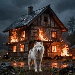 a white wolf in front of a large burning timber house, artstation, jakub rozalski, high detail, dramatic lighting, night, rain