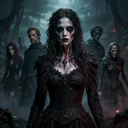 A fancy portrait of a zombified women with apocalyptic background by Greg Rutkowski, Sung Choi, Mitchell Mohrhauser, Maciej Kuciara, Johnson Ting, Maxim Verehin, Peter Konig, Bloodborne, 8k photorealistic, cinematic lighting, HD, high details, dramatic, dark atmosphere, trending on artstation