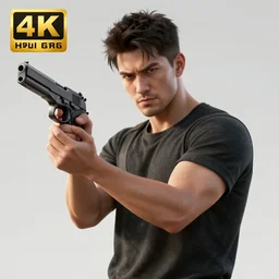 a guy holding a gun, 4k, realistic, unreal engine render, trending in artstation, artstationHD, artstationHQ