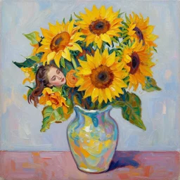 beautiful and vivid anastasia trusova impasto acrylic still life painting of a vase of sunflowers and roses