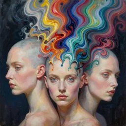 fantastic extraordinary beautiful women with bald head into fluid infinity variations of colours mass, close - up, piotr jablonski, jeff dekal, jeff simpson, intricate details, hyperrealistic oil painting on canvas, deep depth field, hd, hdr, 4 k, 8 k