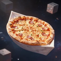 beautiful digital fantasy illustration of a layered pizza dream boat floating in the cubic space of cosmic terror, highly detailed, soft lighting, rendered in octane, masterpiece, very very very aesthetic, exquisite marble details