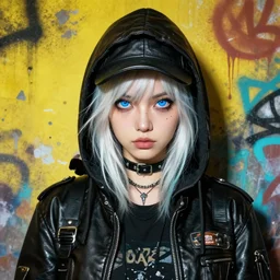 highly detailed portrait of a sewer punk lady student, blue eyes, leather hoody, hat, white hair by atey ghailan, by greg rutkowski, by greg tocchini, by james gilleard, by joe fenton, by kaethe butcher, gradient yellow, black, brown and cyan color scheme, grunge aesthetic!!! ( ( graffiti tag wall background ) )