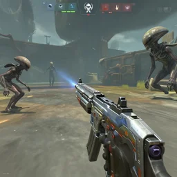 screenshot from FPS game, futuristic gun, alien enemies, cryengine hd 8k