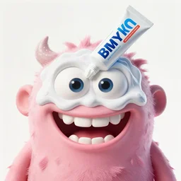 Blast of toothpaste covering the creature\'s face, big teeth smiling monster, toothpaste advertisement poster printed CMYK ink coloured lithography
