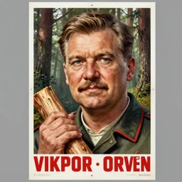 soviet propaganda poster of viktor orban in a forest, highly detailed face, holding a wood piece, 1 9 2 0 s