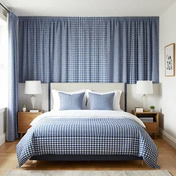 a bedroom decorated in all gingham